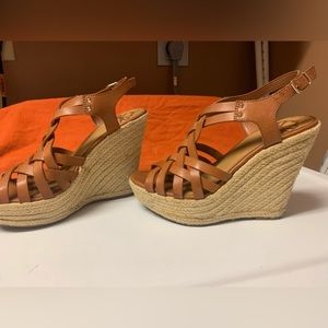 Strappy wedge sandals with woven heels
